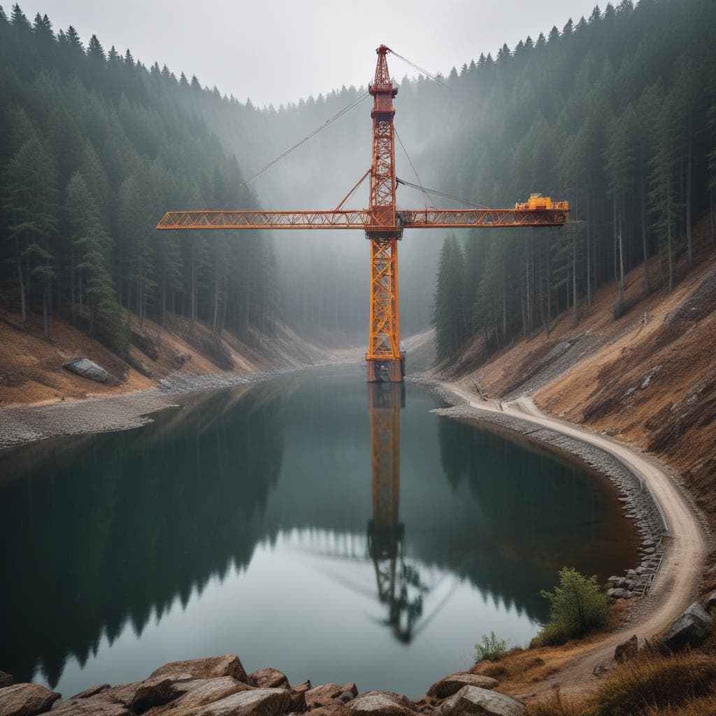 140-metre crane dismantling the Bramke Bridge above the Oker reservoir